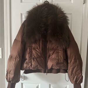 Brown Down Jacket White Duck Fluffy Fur Collar